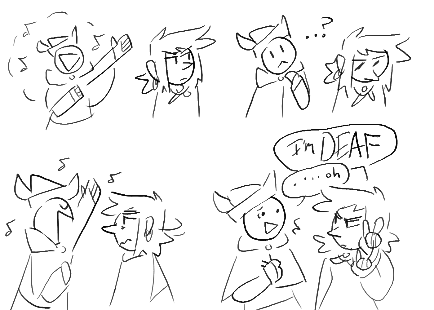 A comic of Kiwi singing near Miriam, confused about why she isn't paying attention, before she tells them she's deaf.