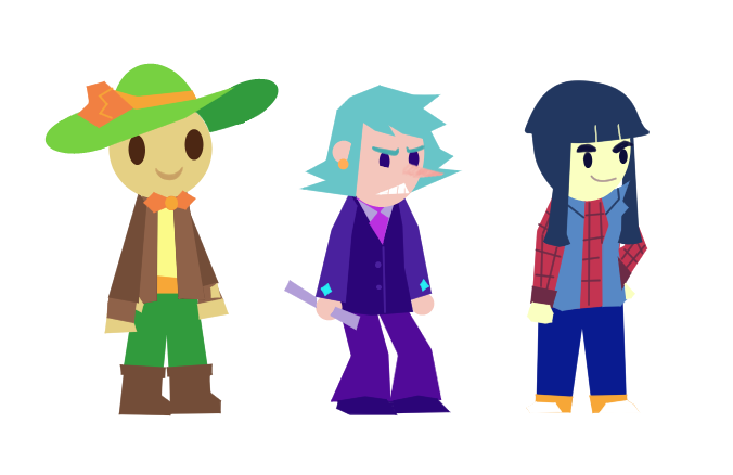 Sprites of Kiwi, Miriam and Audrey standing alongside each other.