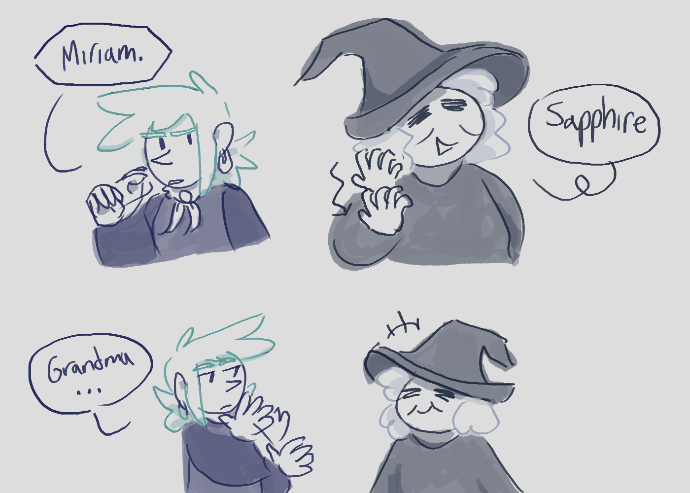 Doodles of characters signing their names in ASL - Miriam and Sapphire (or Grandma as Miriam calls her.)