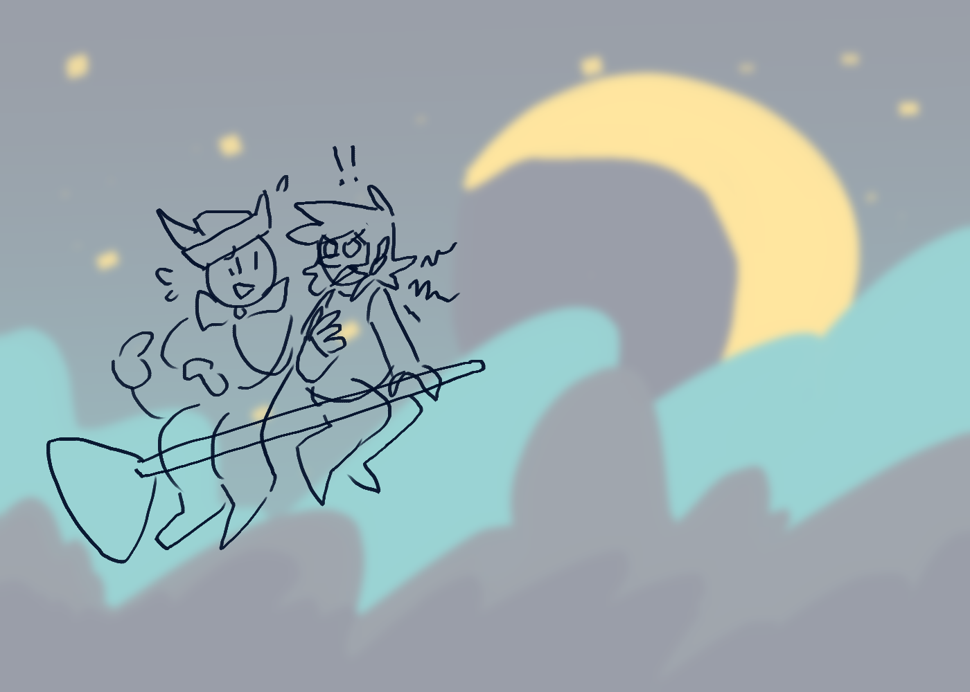 Miriam and Kiwi riding on a broom together, struggling to sign with one hunched over and the other turned around to see them.
