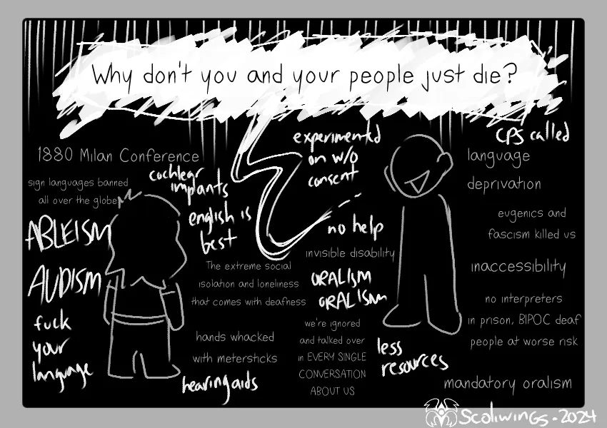 'Why don't you and your people just die?' The two of them are surrounded by textual snippets of deaf history, which is largely depressing.