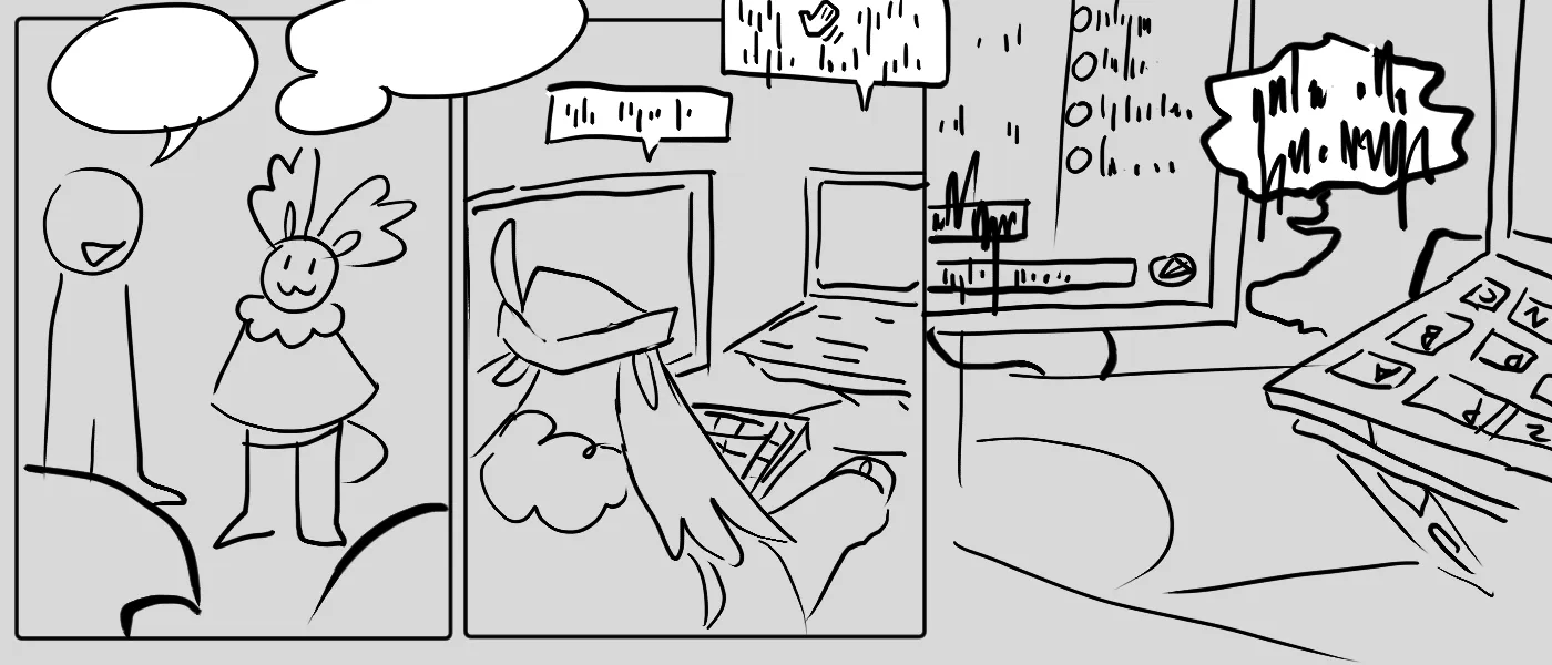 Comic about a moth person hearing nothing. They go on their laptop to converse in a language that is not theirs.